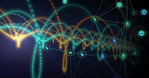 Animating central dotted waveform network in virtual mesh, showing hex nodes Stock Illustration