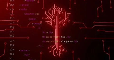 Animating central glowing circuit-tree icon forming lit traces on red backdrop Stock Footage 331165454
