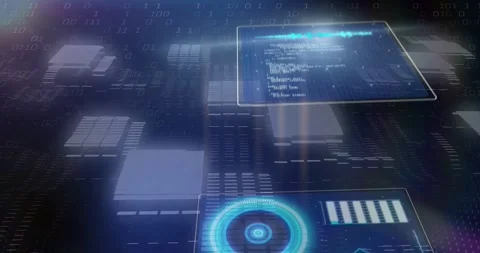 Animating central holo panels and radar HUD in virtual interface, with binary Stock Footage 331126064