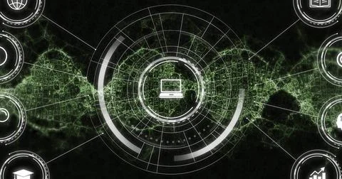 Animating central HUD and laptop icon glowing at center in dark dashboard, with Illustrazione stock