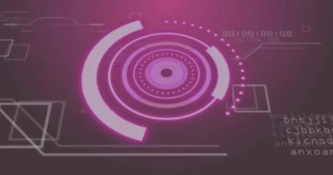 Animating central HUD interface in digital gradient environment with rings, 写真素材