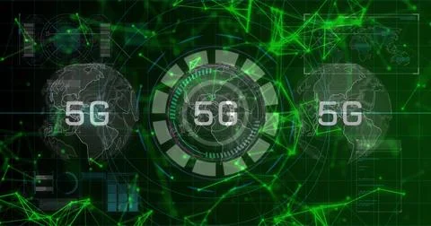 Animating central HUD interface showcasing 5G connectivity in virtual network, Foto stock