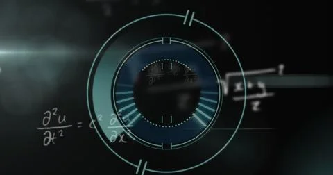 Animating central HUD interface in simulation, with teal rings, arcs, equations Foto stock