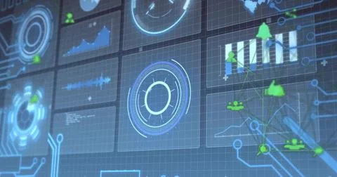 Animating central HUD radar dial pulsing, scanning over blue grid GUI with map Stock Photos