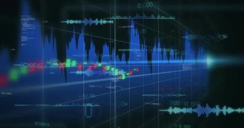 Animating central layered data in virtual tunnel, showing 3D grid, candlesticks, Stock Illustration