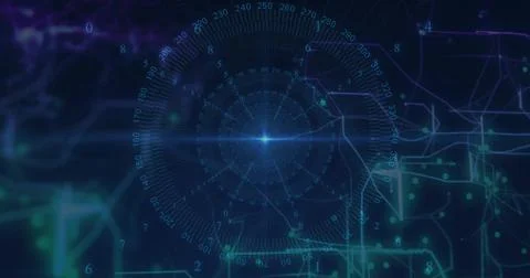 Animating central radial HUD rotating on indigo interface, with starburst, Stock Illustration