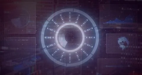 Animating central segmented circular HUD rotating within digital dashboard, with Stock Illustration