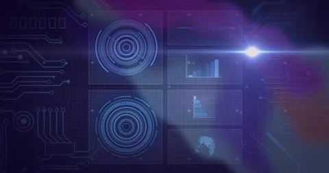 Animating central six-panel HUD interface on grid backdrop, with charts, globe Illustrazione stock