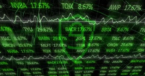 Animating central skull mask merging with pulsing market data on virtual grid, Illustrazione stock