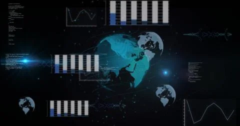 Animating central teal globe orbiting within virtual HUD, with small globes, bar 스톡 사진