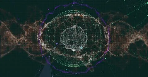 Animating central wireframe sphere sending data rings and nodes on control Stock Photos
