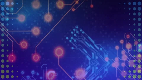 Animating circuit board and glowing nodes over blue background Stock Footage 303878757