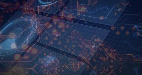 Animating circuit network floating in digital interface, featuring glowing nodes Stock Illustration