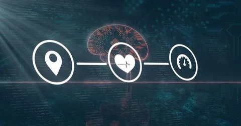 Animating circular heart icon pulsing on virtual dashboard interface, with Stock Illustration