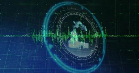 Animating circular HUD with translucent globe and pound symbol on blue grid p Illustrazione stock