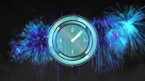 Animating clock over blue fireworks display Stock Footage 305060209