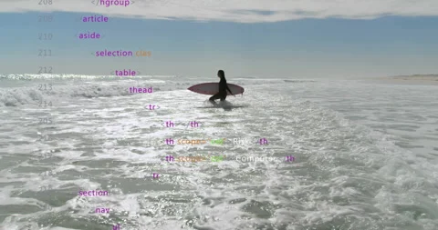 Animating code lines over person surfing ocean waves Stock Footage 304311111