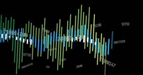 Animating colorful vertical bars on data pulse, rising, falling on black void 库存插图