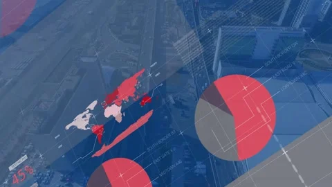 Animating composite data visuals over coastal aerial highway, showing pie Stock Footage 332804371