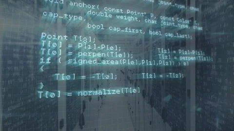 Animating computer code over data servers in technology environment Stock Footage 303616144