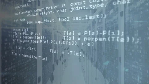Animating computer code over server room background in data center Stock Footage 303616145