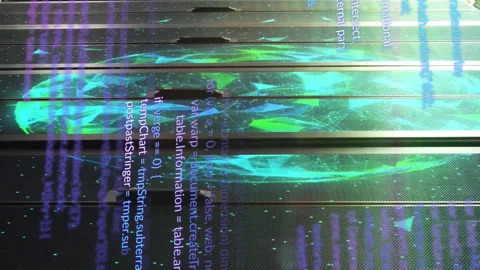 Animating computer code over servers in data center Stock Footage 313339683