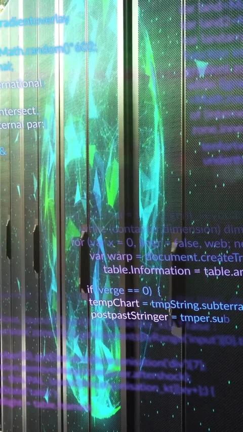 Animating computer code over servers in data center Stock Footage 319975956