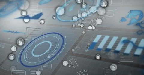 Animating concentric HUD target pulsing on virtual dashboard, with avatar icons, Stock Illustration