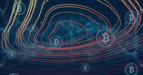 Animating crypto network with contours on data map, moving BTC tokens with Illustrazione stock