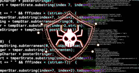 Animating cybersecurity threat with skull and spider shield icon over Stock Footage 304767401