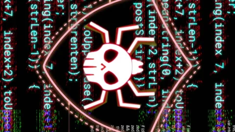 Animating cybersecurity threat with skull and spider shield icon over Stock Footage 312533057