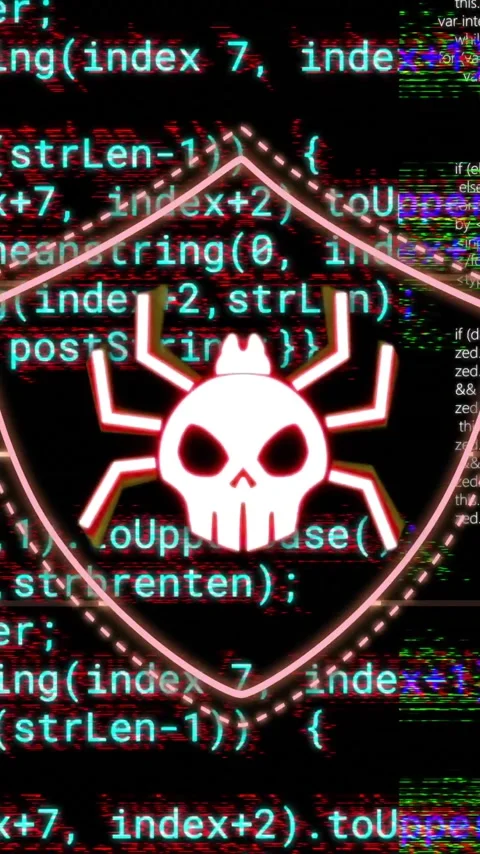 Animating cybersecurity threat with skull and spider shield icon over Stock Footage 323780952