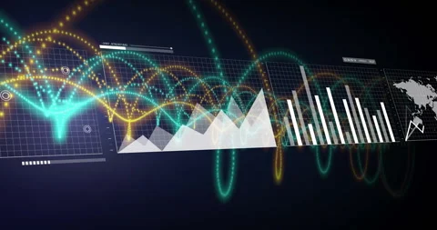 Animating data analytics and visualization with graphs and charts over dark Stock Footage 303951142