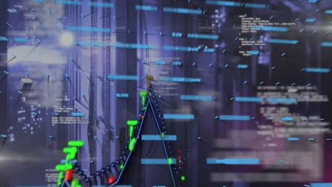 Animating data center corridor with server racks, network cables and code Stock Footage 309109173
