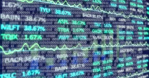 Animating data dashboard on screen, with binary code, chart lines, ticker sym Stock Photos