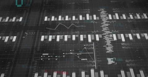 Animating data flowing across dashboard on office monitor, with white bar charts Stock Illustration