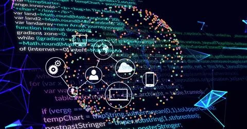 Animating data globe linking user cloud phone laptop gears icons in virtual 스톡 일러스트