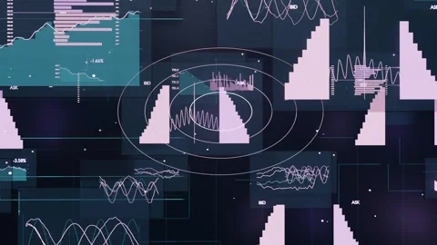 Animating data mosaic on wall display, frames advancing, rings focusing teal Stock Footage 337505037
