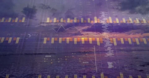 Animating data overlays over centered sunset scene, appearing from start at Stock Footage 331736597