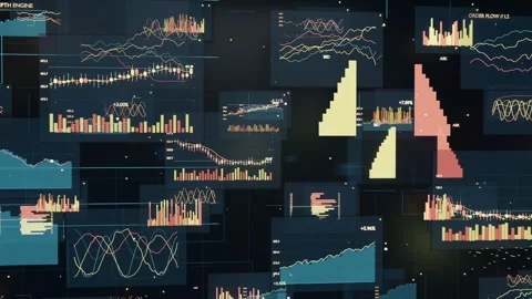 Animating data panels filling wall as frames advance, monitoring teal area, Stock Footage 337505027