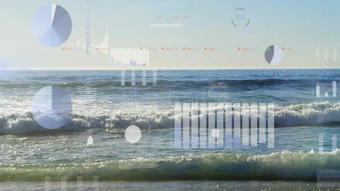 Animating data visualization over ocean waves on sunny day, showcasing Stock Footage 305884546