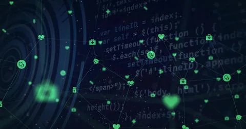 Animating dense network of green icon nodes connecting over navy-blue coding Stockillustratie