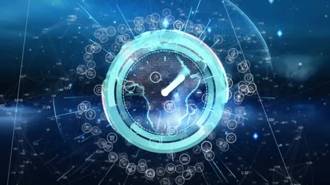 Animating digital clock and network connections over world map Stock Footage 303461899