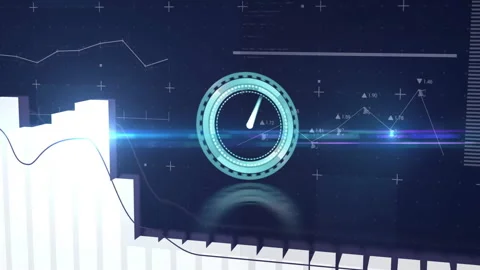 Animating digital clock over financial graphs and data visualization on screen Stock Footage 304202836