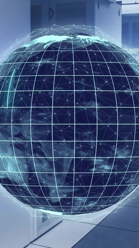 Animating digital globe over servers in data center with blue lights Stock Footage 344284695