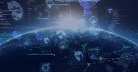 Animating digital globe projecting network from low orbit as sunrise, pulsing Illustrazione stock