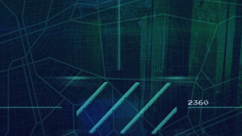 Animating digital map and data visualization with numbers and lines on grid Video stock 303793790