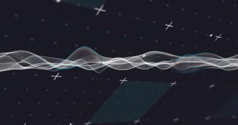Animating digital wave pattern with intersecting lines and dots on dark Video stock 303553815