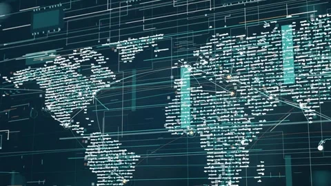 Animating digital world map after data update at HUD, showing connection arcs Stock Footage 337141162