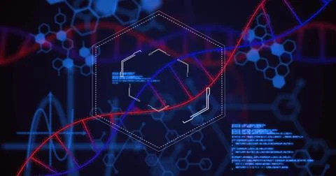Animating DNA double helix traversing lab hex HUD on system boot, displaying Foto stock